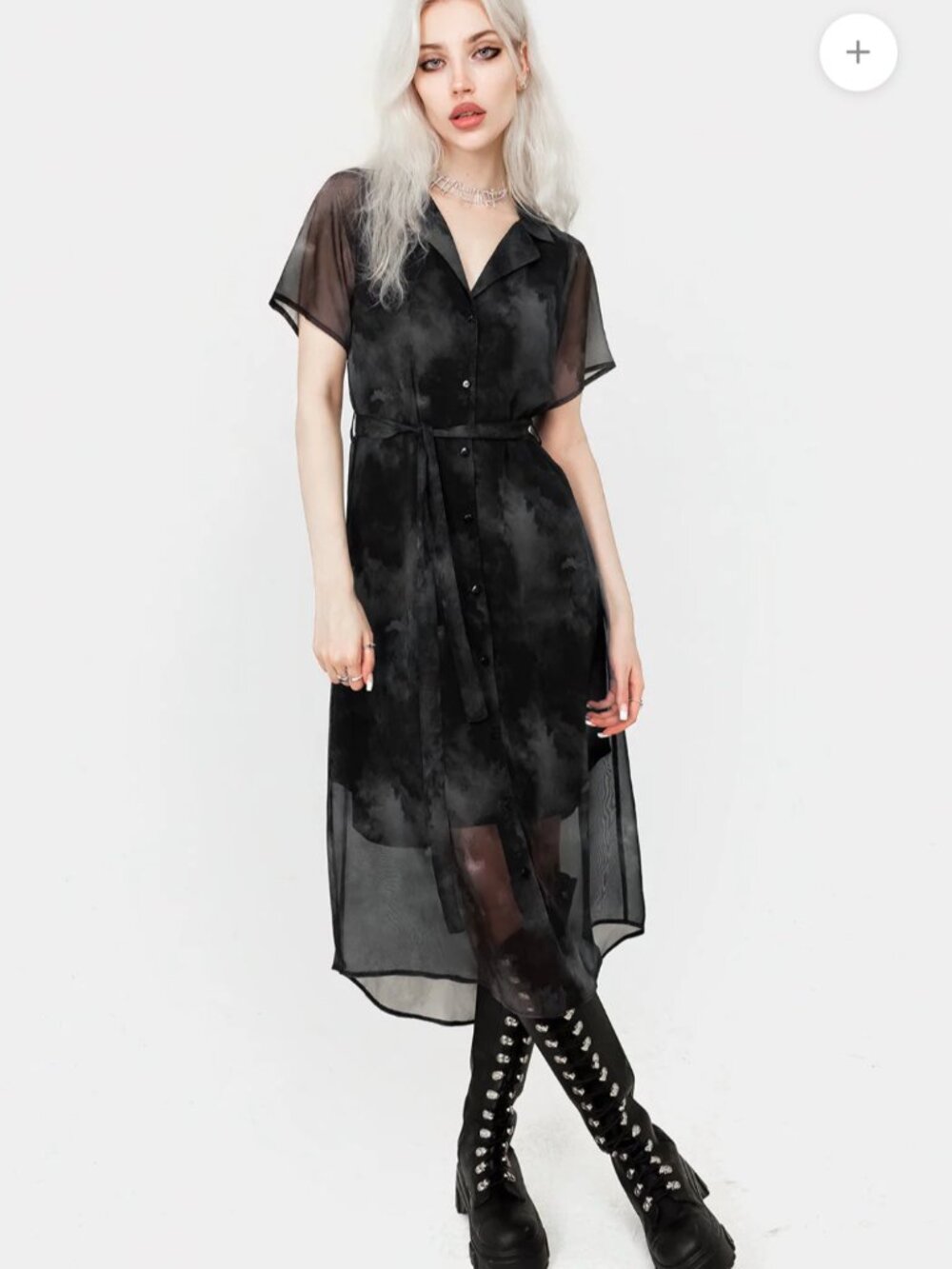 Sheer Black Button-Front Midi Dress with Tie Waist